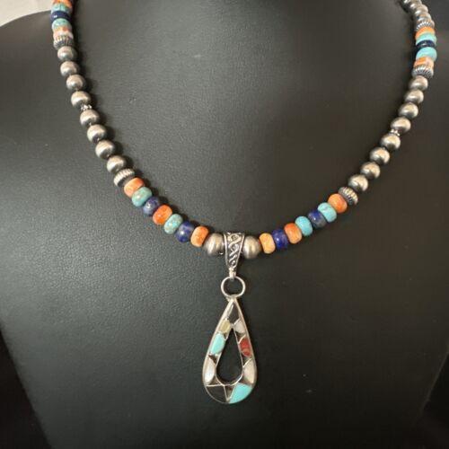 Navajo Spiny Oyster Turquoise Lapis Inlay Pendant Necklace | Sterling Silver | 21" | Authentic Native American Handmade | 16768