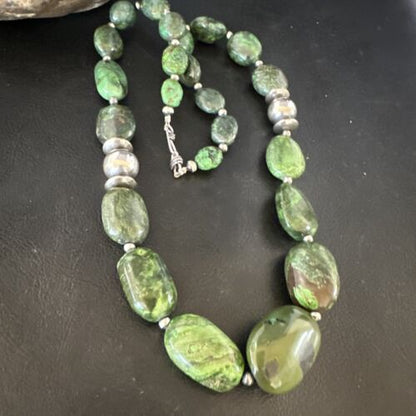 Navajo Green Turquoise Chunky Necklace | Sterling Silver | 23" | Authentic Native American Handmade | 15204
