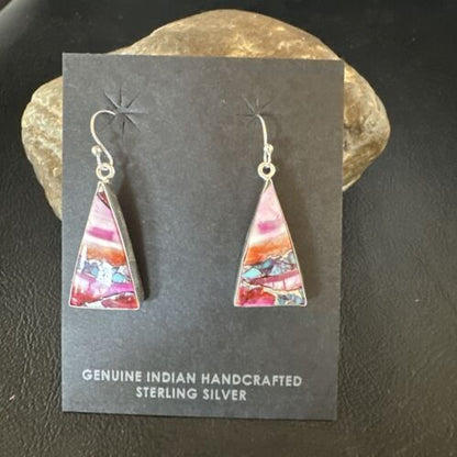 Navajo Blue Turquoise & Purple Spiny Oyster Inlay Dangle Earrings | Sterling Silver | 15564