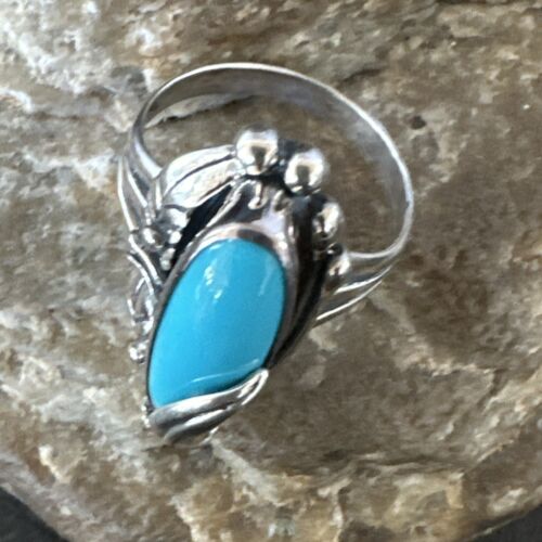 Navajo Leaf Blue Kingman Turquoise Ring | Sterling Silver | Sz 10.5 | Authentic Native American Handmade | 17136