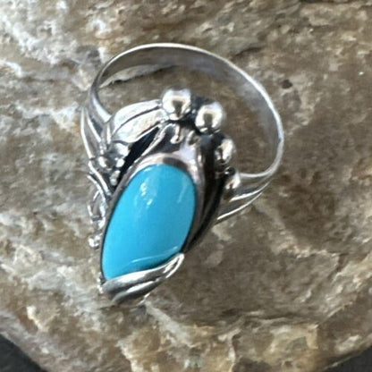 Navajo Leaf Blue Kingman Turquoise Ring | Sterling Silver | Sz 10.5 | Authentic Native American Handmade | 17136