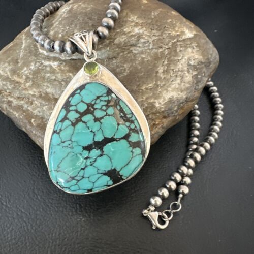 Men's Navajo Blue Spiderweb Turquoise Pendant Necklace | Sterling Silver | Authentic Native American Handmade | 16202
