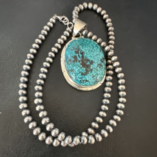 Navajo Blue Spiderweb Turquoise Pendant Necklace | Sterling Silver | Authentic Native American Handmade | 16199