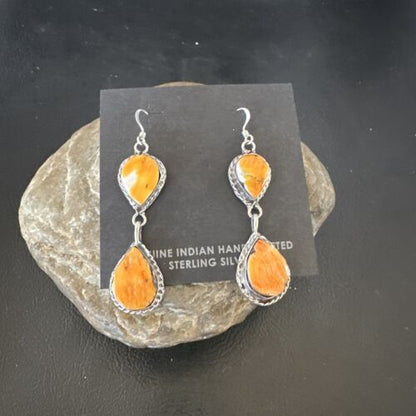 Navajo Orange Spiny Oyster Dangle Earrings | Sterling Silver | 1.5" | Authentic Native American Handmade | 16562