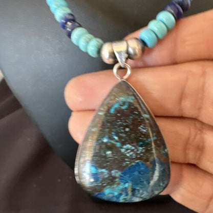Blue Turquoise Jasper Pendant | Lapis Navajo Pearls | Sterling Silver Necklace 16927 - Masha USA