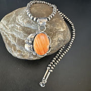 Navajo Orange Spiny Oyster Pendant Necklace | Sterling Silver | Authentic Native American Handmade | 15629