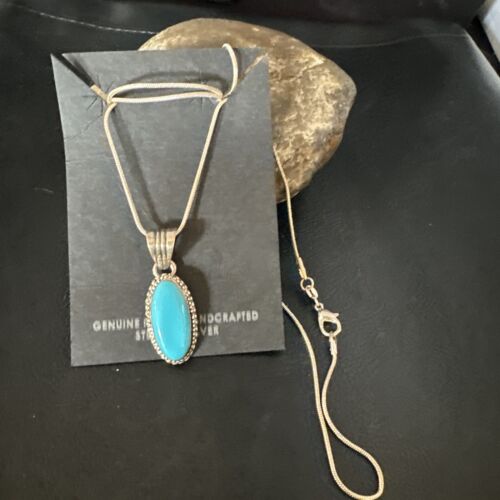 Navajo Blue Turquoise Pendant Necklace | Sterling Silver Chain | Authentic Native American Handmade | 20" | 12601