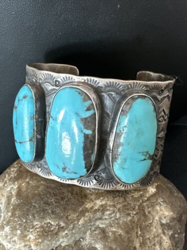 XL Men's Kingman Blue Turquoise 3 Stone Cuff Bracelet | Navajo Sterling Silver | 15857