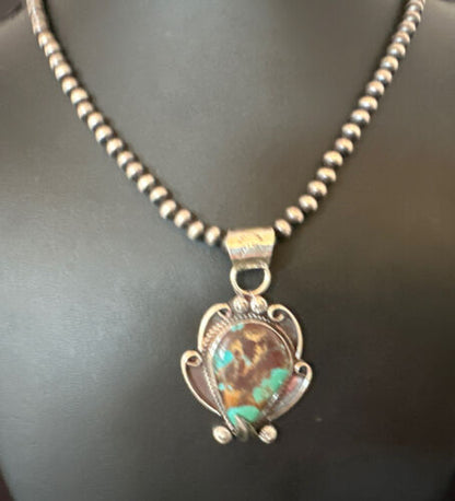 Navajo Blue Turquoise Pendant Necklace | Sterling Silver Pearls | Authentic Native American Handmade | 15649