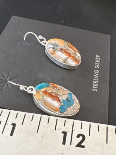 Navajo Blue Turquoise & Orange Spiny Oyster Inlay Dangle Earrings | Sterling Silver | 15587
