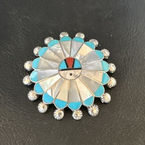 Zuni Sunface Inlay Turquoise Mother of Pearl Pin Pendant | Sterling Silver | Authentic Native American Handmade | 15208