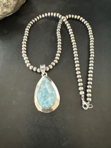 Navajo Blue Larimar Pendant Necklace | Sterling Silver Beads | Authentic Native American Handmade | 17603