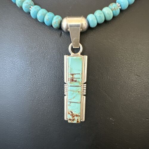 Men's and Women's Turquoise #8 Inlay Pendant Necklace | Navajo Sterling Silver | Authentic Native American Handmade | 17058