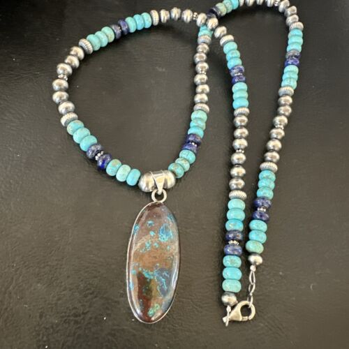 Navajo Blue Turquoise Jasper Lapis Inaly Pendant Necklace | Sterling Silver | 16926