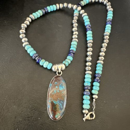 Navajo Blue Turquoise Jasper Lapis Inaly Pendant Necklace | Sterling Silver | 16926