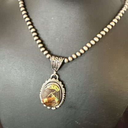 Navajo Green Gaspeite Pendant Necklace | Sterling Silver | Authentic Native American Handmade | 17424
