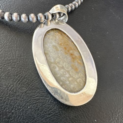 Navajo Champagne Fossil Coral Pendant Necklace | Sterling Silver Beads | Native American Handmade | 16371
