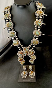 Navajo Blue Turquoise #8 Squash Blossom Necklace with Naja Earrings | Sterling Silver | 17204