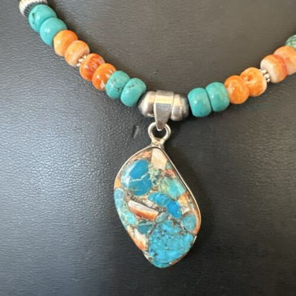 Navajo Spiny Turquoise Pendant Necklace | Sterling Silver | 22" | Authentic Native American Handmade | 17415