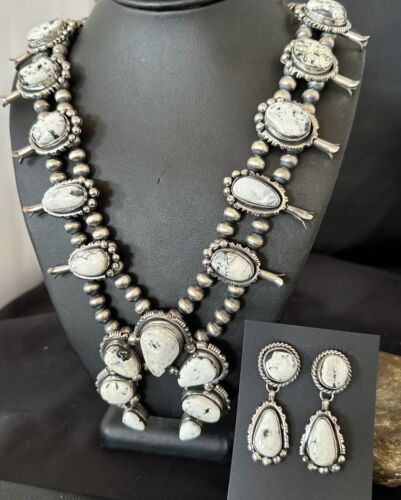 Navajo White Buffalo Turquoise Pendant Earrings | Sterling Silver Squash Blossom Necklace | 17443