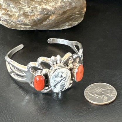 White Buffalo Turquoise Coral Navajo Tufa Cuff Bracelet | Sterling Silver | Authentic Native American Handmade | 16408