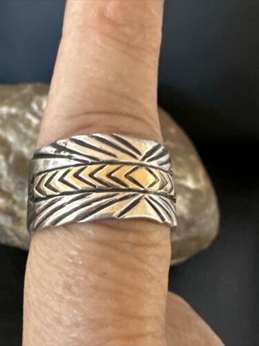 Men's Wedding Band | Wide Navajo Stamped 14K Gold Sterling Silver Ring | Sz 8.5 | 15460