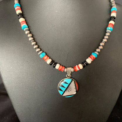 Zuni Multi-Color Turquoise Onyx Necklace with Inlay Pendant | Sterling Silver | 13565