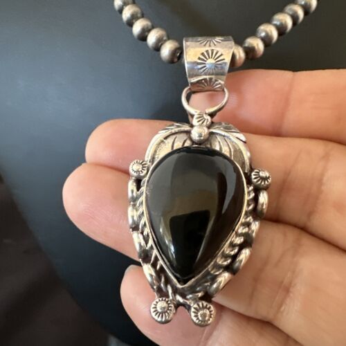 Navajo Pearls Black Onyx Necklace Pendant | Sterling Silver | Authentic Native American Handmade | 16528