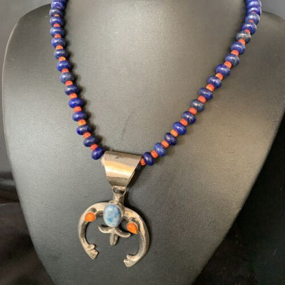 Navajo Blue Lapis Spiny Oyster Naja Pendant Necklace | Sterling Silver | Authentic Native American Handmade | 13708