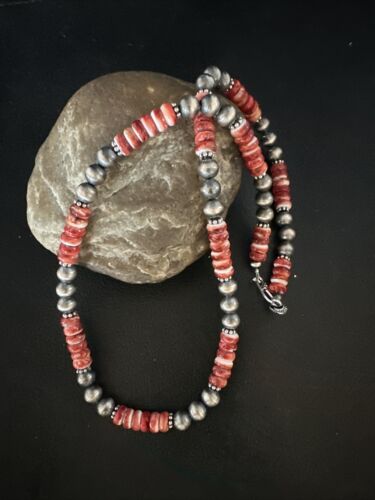 Navajo Pearls Red Spiny Oyster Necklace | 8mm Sterling Silver | Authentic Native American Handmade | 22" | 14850