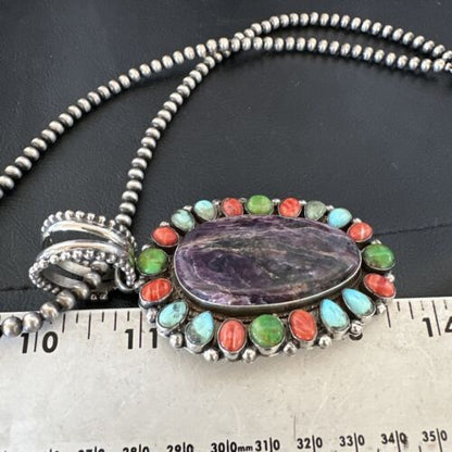 Navajo Purple Charoite Spiny Turquoise Pendant Necklace | Sterling Silver | Multi-Stone | 17146
