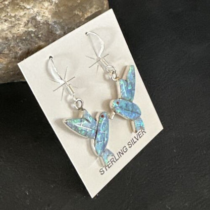 Navajo Blue Opal Hummingbird Earrings | Sterling Silver | 1" | Authentic Native American Handmade | 15088