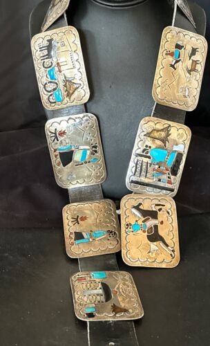 Ultra Rare Zuni Sun Face Inlay Belt | Turquoise Onyx | Sterling Silver | 40" | 17406