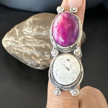 Navajo White Buffalo Turquoise Sugilite Ring | Authentic Native American Sterling Silver | Multi-Stone | Sz 7 | 16719 - Masha USA