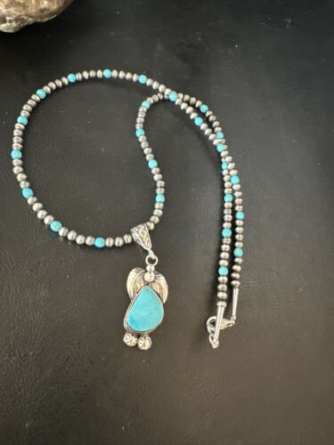 Navajo Pearls Kingman Turquoise Pendant Necklace | Sterling Silver | Authentic Native American Handmade | 14888