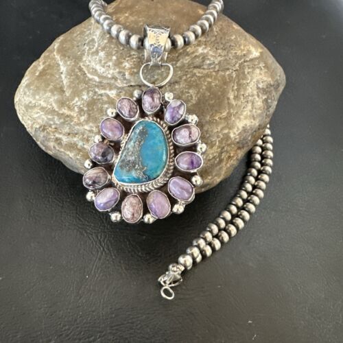 Purple Charoite Turquoise Pendant | Navajo Pearls | Sterling Silver Necklace 21" | Multi-Stone 17190
