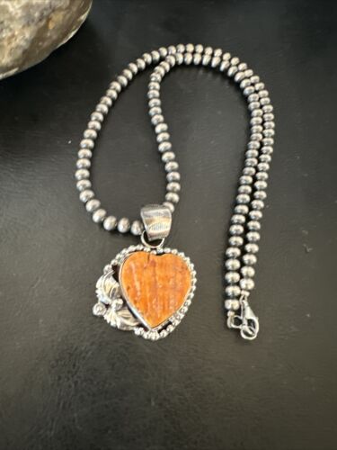 Navajo Orange Spiny Oyster Heart Pendant Necklace | Sterling Silver | Authentic Native American Handmade | 16416