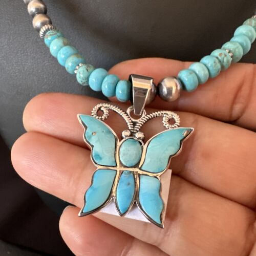 Navajo Butterfly Blue Ridge Turquoise Inlay Pendant Necklace | Sterling Silver | Native American Handmade | 16486