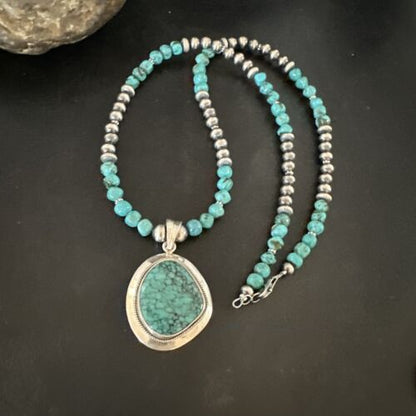 Men's Blue Spiderweb Turquoise Pendant Necklace | Navajo Sterling Silver | Authentic Native American Handmade | 17085