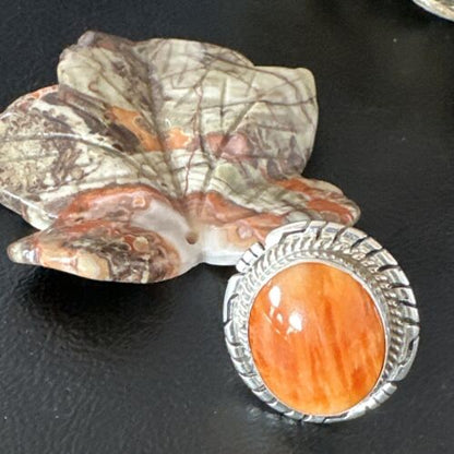 Navajo Orange Spiny Oyster Ring | Sterling Silver | Sz 7.5 | Authentic Native American Handmade | 16029