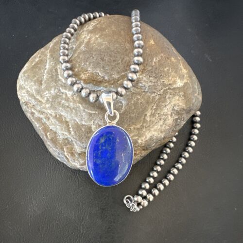 Navajo Blue Lapis Pendant with Pearls | Sterling Silver Necklace | 20" | Authentic Native American Handmade | 16663