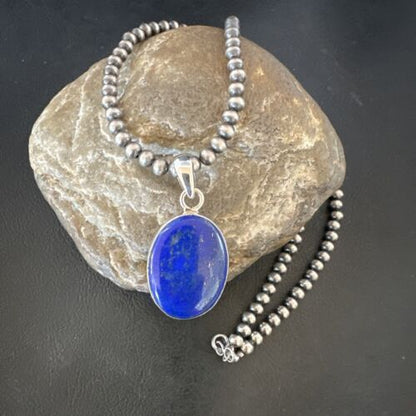 Navajo Blue Lapis Pendant with Pearls | Sterling Silver Necklace | 20" | Authentic Native American Handmade | 16663
