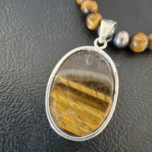 Southwestern Coffee Brown Tiger's Eye Pendant Necklace | Sterling Silver | Native American Handmade | 15867