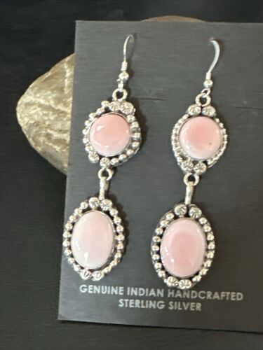 Navajo Pink Conch Shell Dangle Earrings | Sterling Silver | Authentic Native American Handmade | 17199