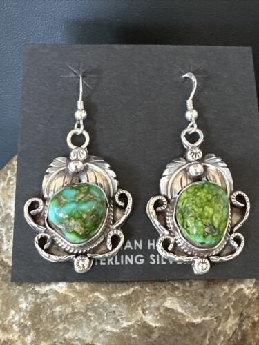 Navajo Green Sonoran Gold Turquoise Dangle Earrings | Sterling Silver | Authentic Native American Handmade | 14914