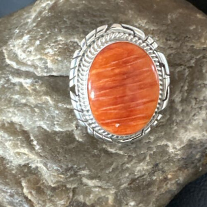 Navajo Orange Spiny Oyster Ring | Sterling Silver | Sz 7.5 | Authentic Native American Handmade | 16030