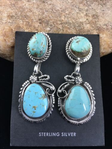 Navajo Kingman Turquoise Dangle Earrings | Sterling Silver | Authentic Native American Handmade | 1764