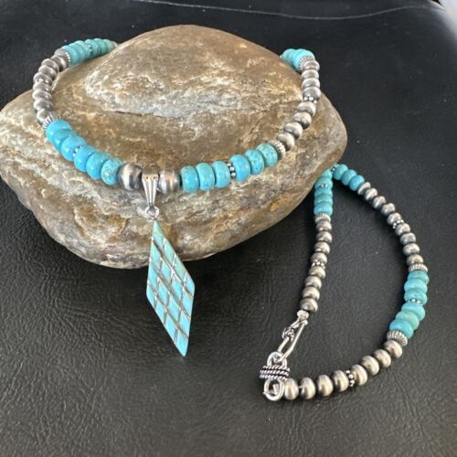 Navajo Blue Turquoise Inlay Pendant | Sterling Silver Necklace | Authentic Native American Handmade | 15421