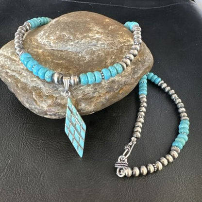 Navajo Blue Turquoise Inlay Pendant | Sterling Silver Necklace | Authentic Native American Handmade | 15421