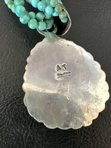 Blue Turquoise Pendant | Navajo Pearls | Sterling Silver Bead Necklace 17" | Multi-Strand | 15993